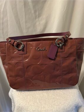 Coach Patent Leather Tote in Rosewood with Plum Accents
